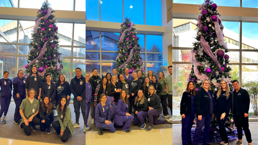Here are three separate photos of the Float Pool team around the Renown Christmas tree.