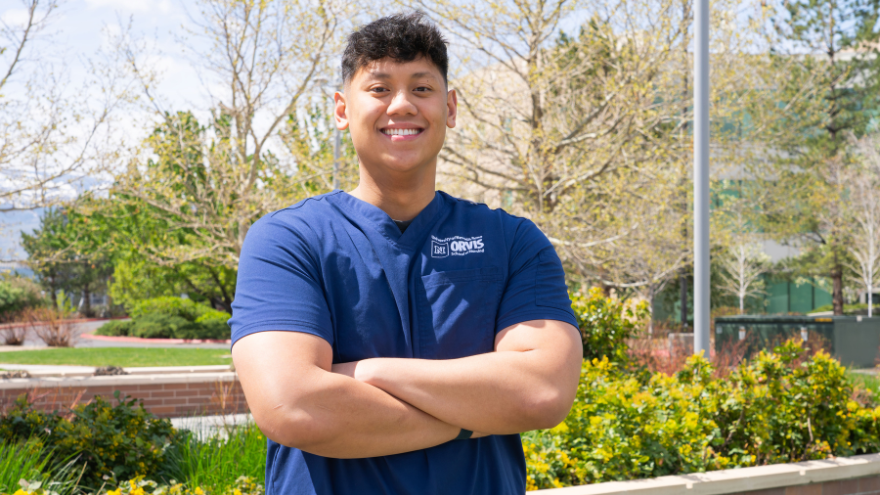 Jeromy Hughes, Orvis School of Nursing student and future Renown nurse, smiles and poses at the University of Nevada, Reno.