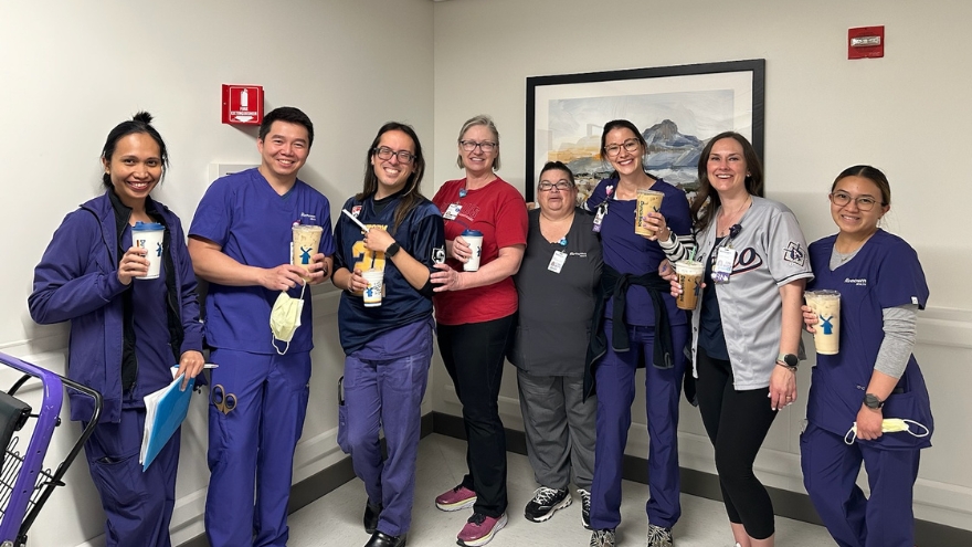 The med-surg team at Renown South Meadows enjoy coffee together.