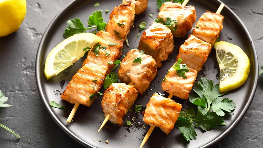 Salmon kebabs hot off the grill