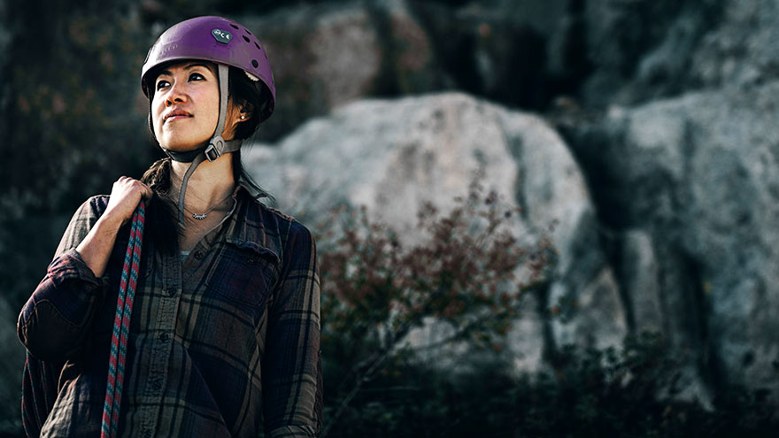 Woman in rock climbing gear near Donner Lake